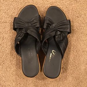 Black wedge sandals with faux wood
